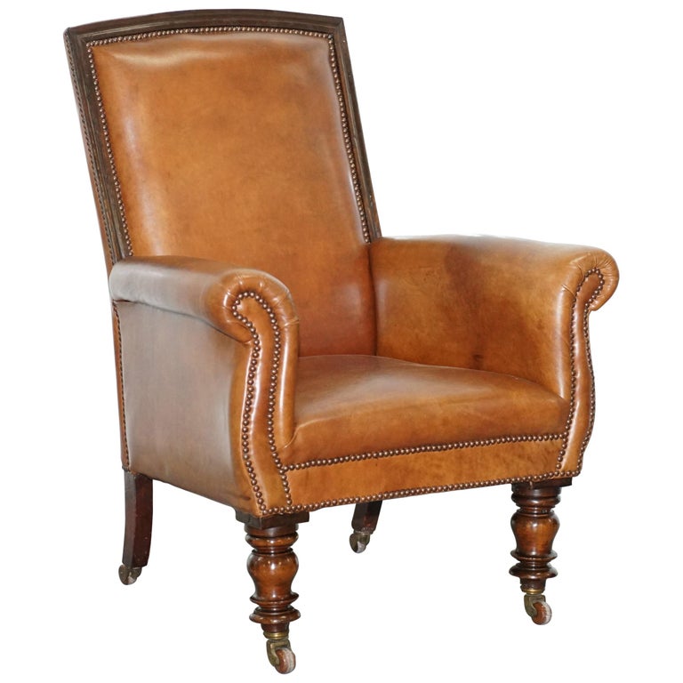 Stunning Large Victorian Library Reading Armchair Aged Brown Leather Stunning Large Victorian Library Reading Armchair Aged Brown Leather Mahogany For