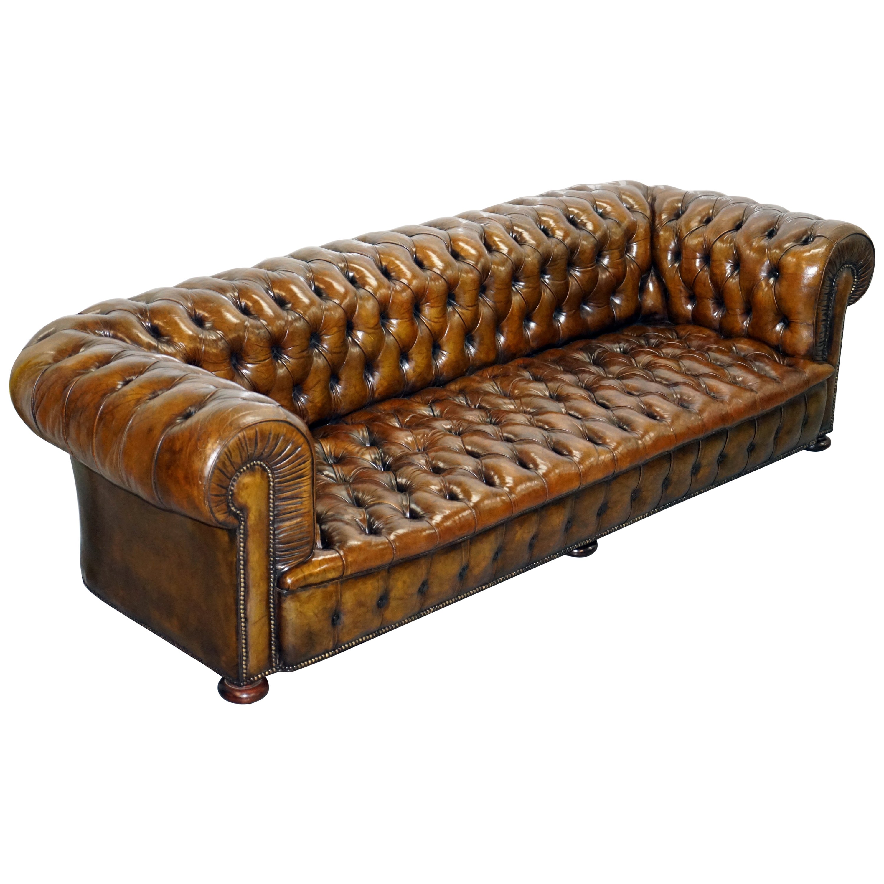 Rare Restored Camel Back Chippendale Buttoned Chesterfield Sofa Brown
