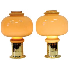 Pair of Glass and Brass Table Lamps 1960s with Brown Glass Shades by Haj, Sweden