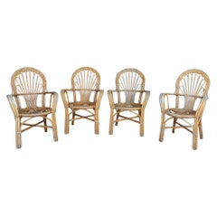 1980s Set of Four Spanish Bamboo and Wood Chairs