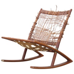 Modern Fredrik Kayser Teak Cane and Leather Strapping Rocking Chair