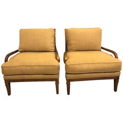 Hollywood Regency Pair of Burlap Faux Marbleized Bergère or Armchairs