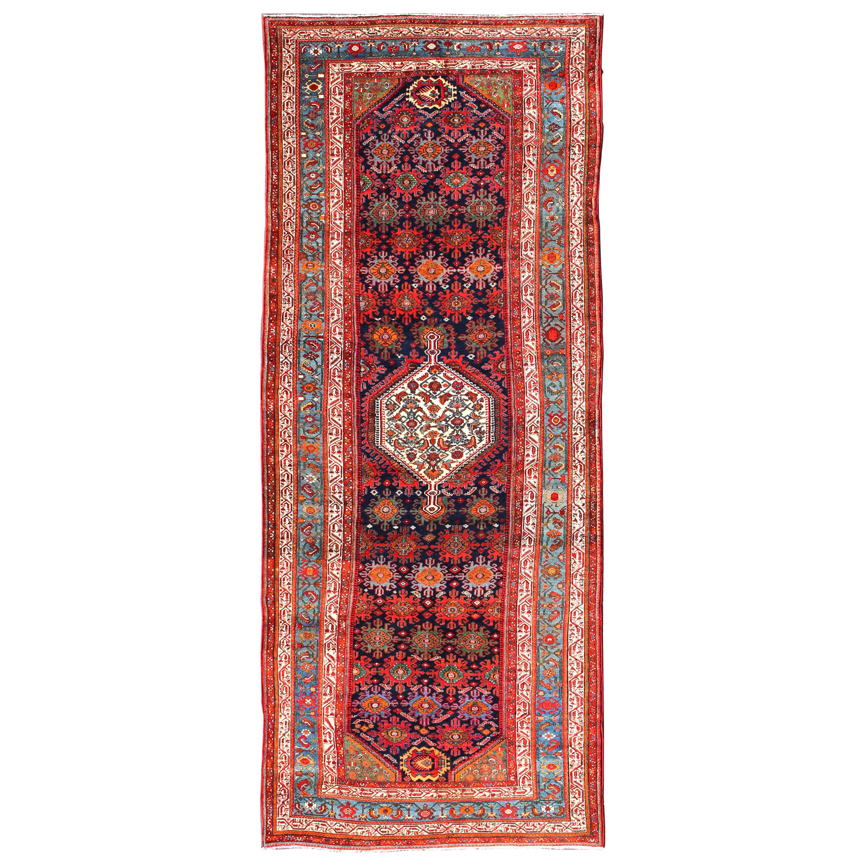 Large Antique Persian Malayer Gallery Runner with Geometric Medallion