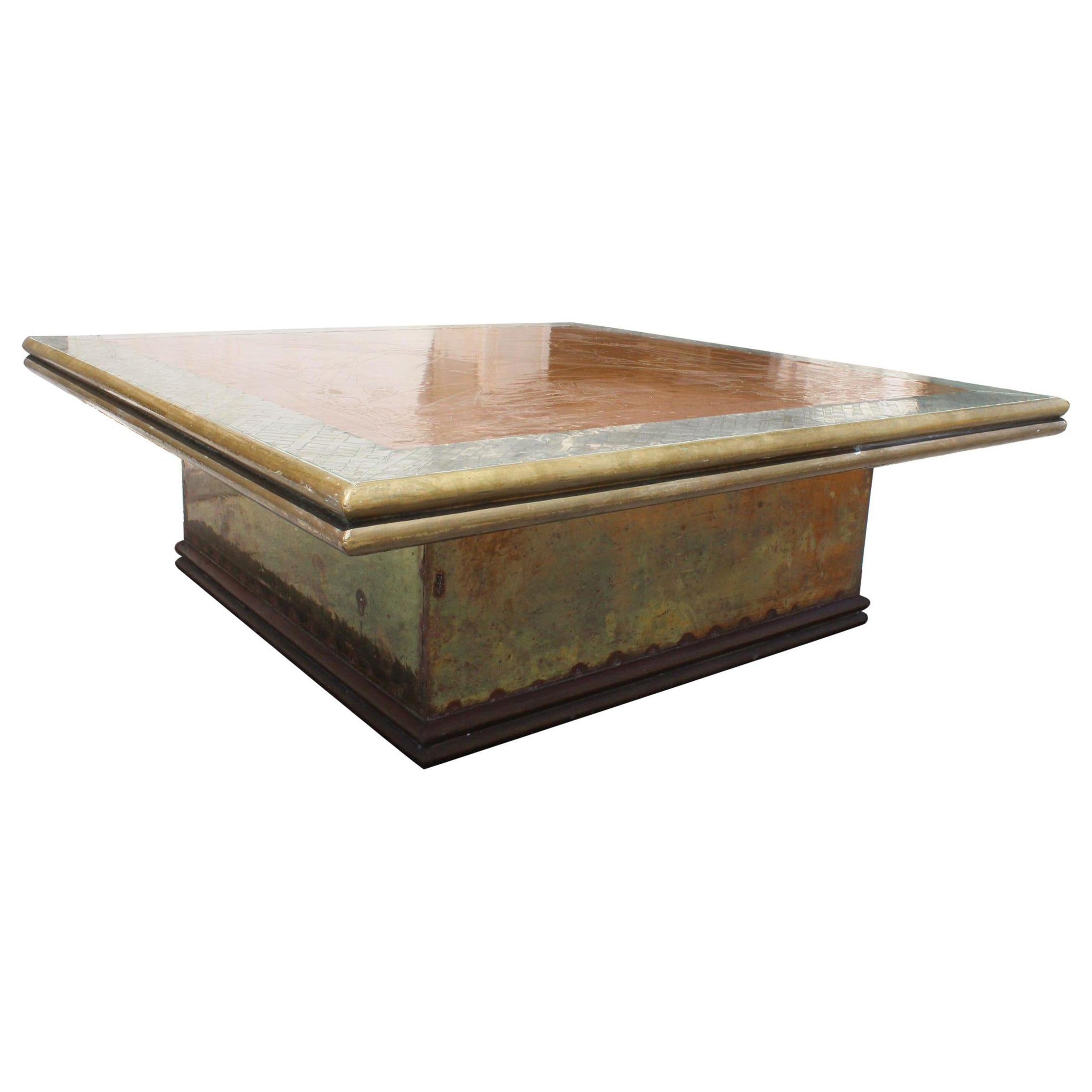1980s Gilded Brass Rodolfo Dubarry Square Coffee Table Made in Spain