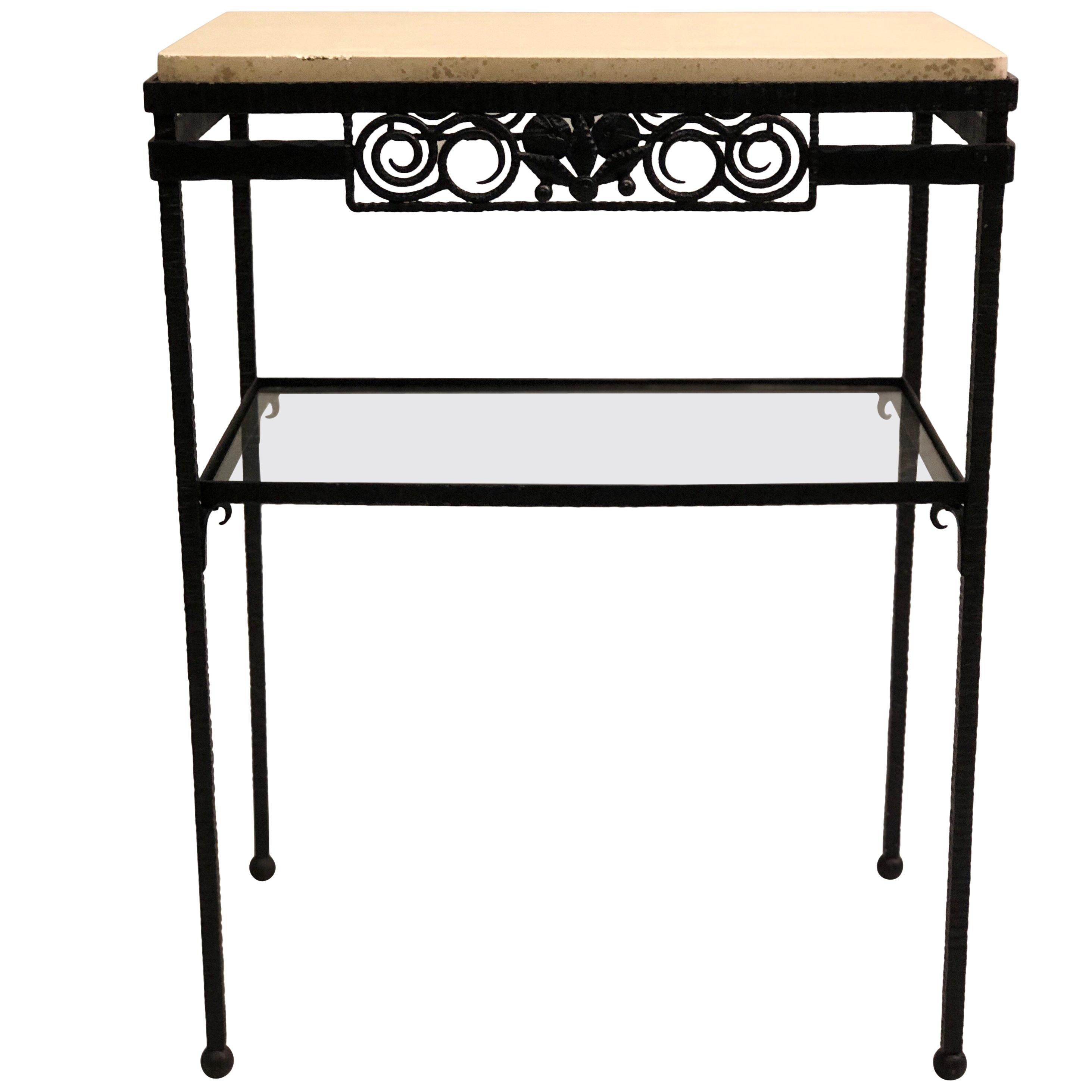 Pair of Wrought Iron and Black Marble Side/End/ Cocktail Tables, Edgar