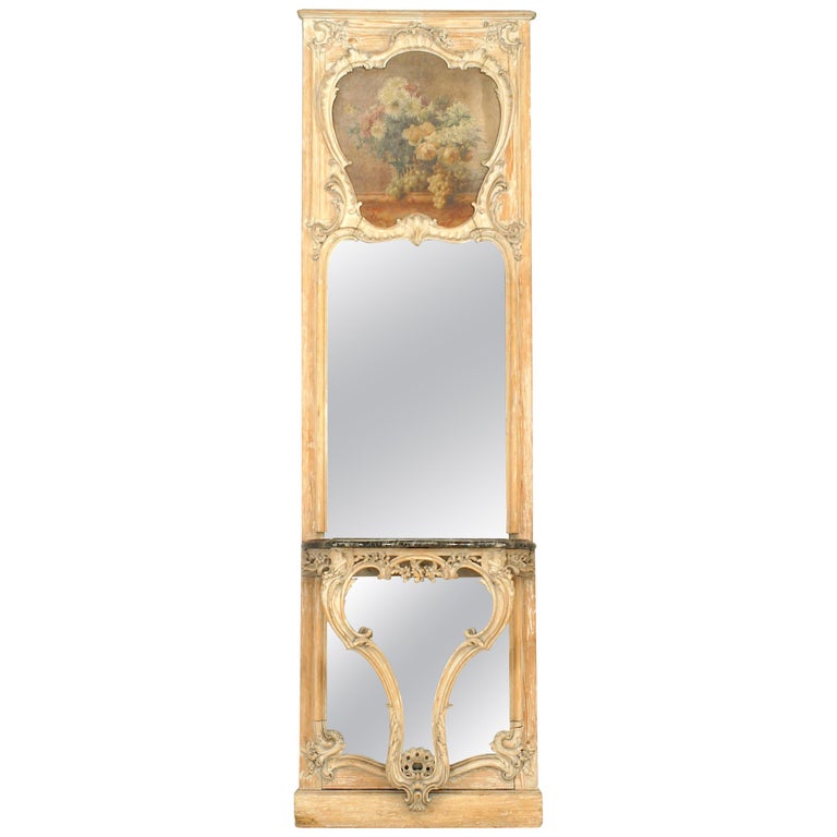 Late 18th Century Italian Parcel Gilt And Painted Mirror Over French Louis Xv Style 19th Century Console Table And Mirror