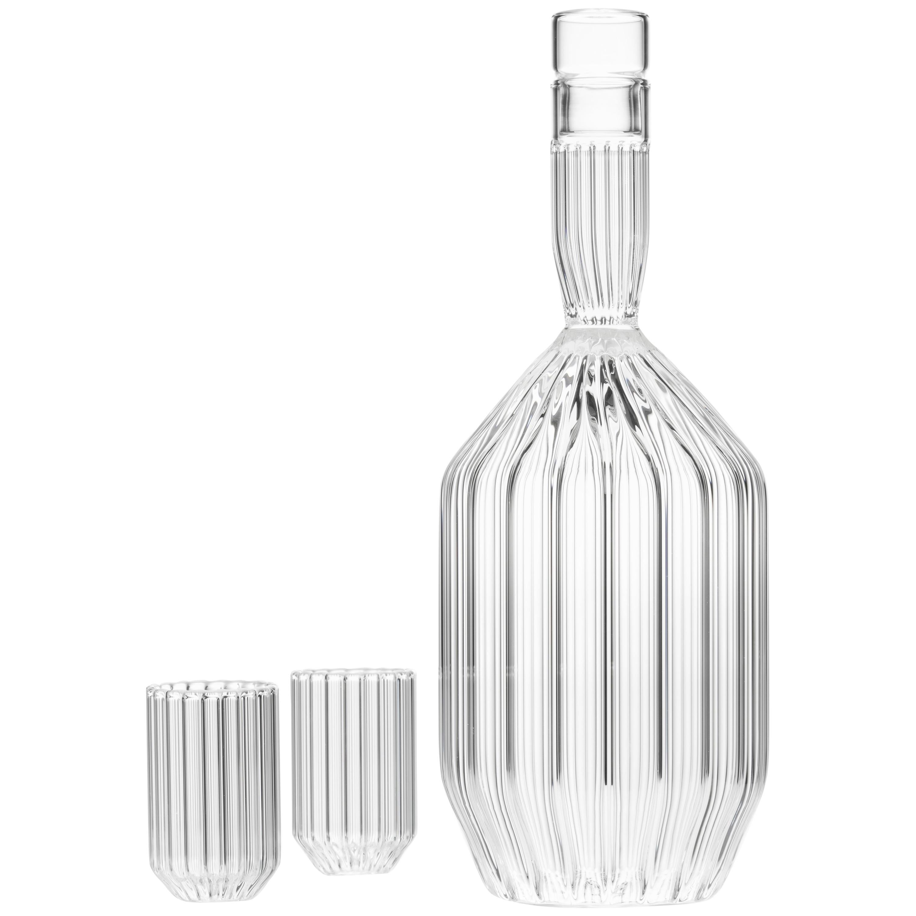 Czech Clear Contemporary Fluted Decanter and Two Liqueur Shot Glass Set in Stock