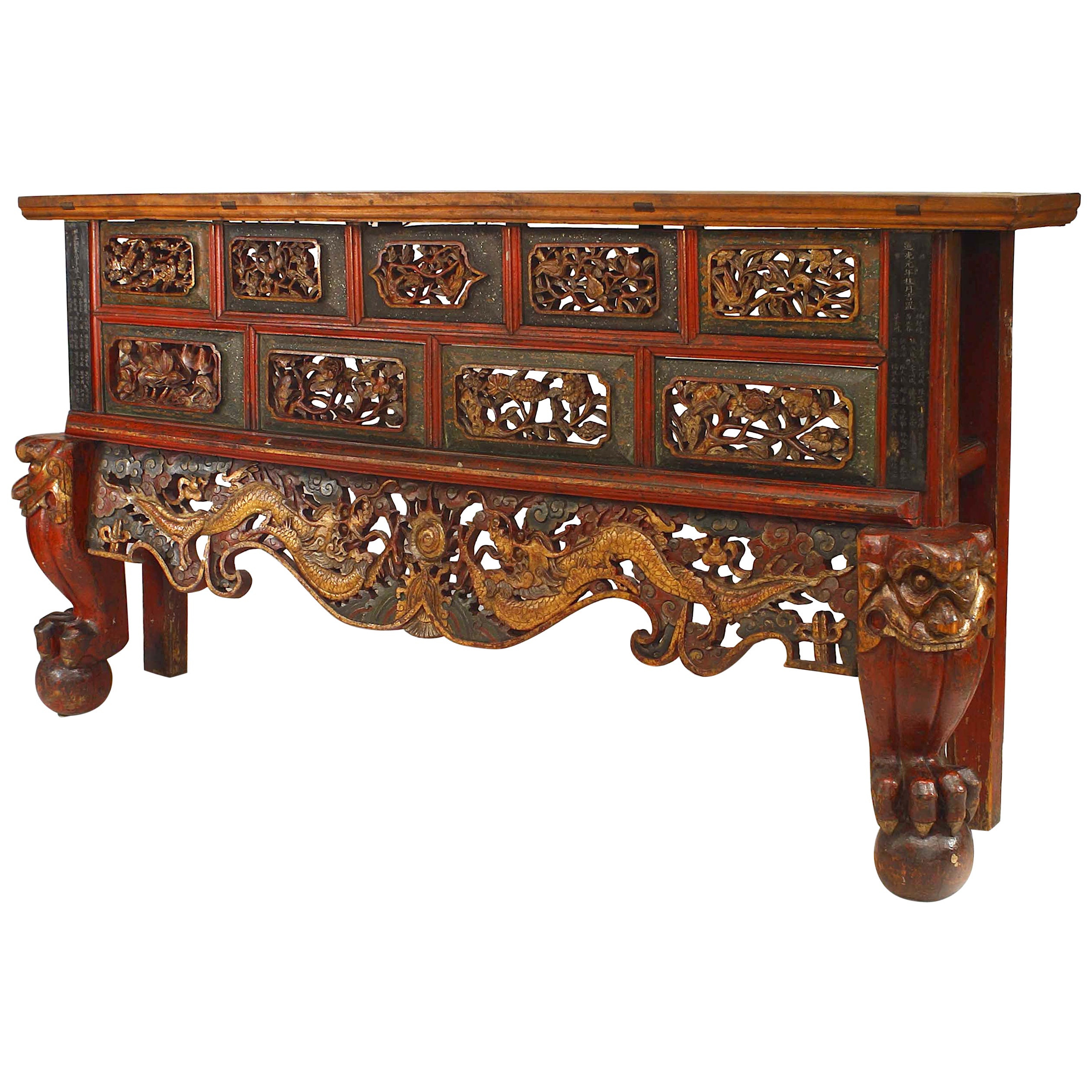 Large 19th c. Chinese Console Table with Carved End Panels For Sale at
