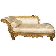 Antique 19th Century French Giltwood Chaise Lounge Upholstered in Bergamo Silk