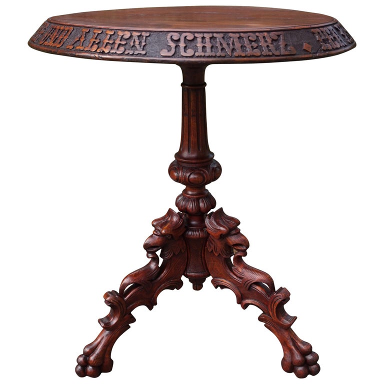 German Wine Table With Hand Carved Saying Or Psalm And Griffin German Wine Table With Hand Carved Saying Or Psalm Griffin Sculpture Legs For