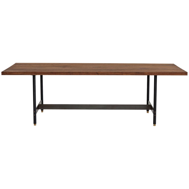 AT10, Handmade Walnut Dining Table with Blackened Steel Base and Bronze Accents For Sale