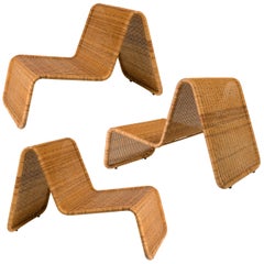 Tito Agnoli "P3" Woven Wicker Stackable Lounge Chairs for Bonacina, Italy, 1960s