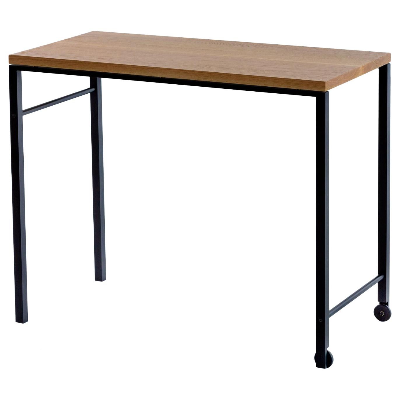 AT16 Schreibtisch aus weißer Eiche, Beistelltisch, mit geschwärztem Stahl und Rollen