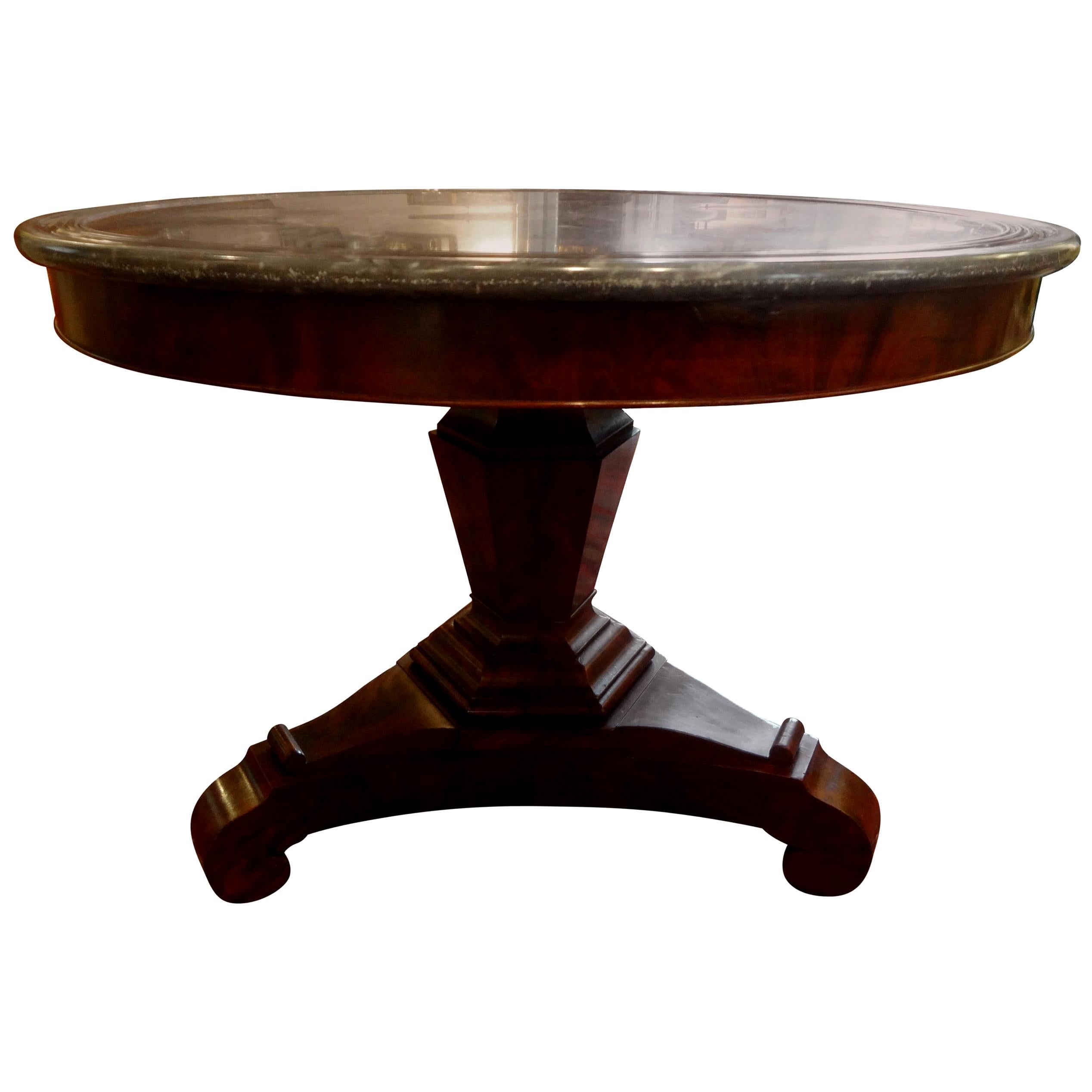 19th Century French Restauration Period Walnut Center Table with Gray Marble Top