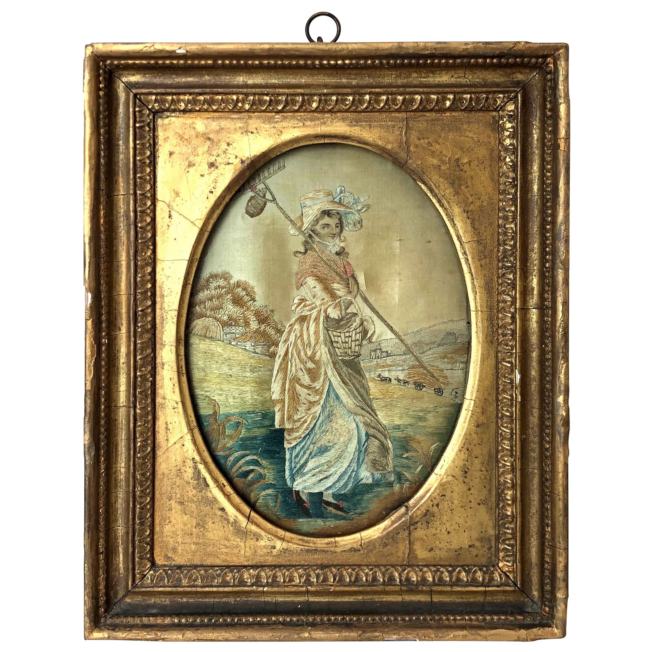 First Quarter of the 19th Century Oval Antique Framed Silk Embroidery For Sale