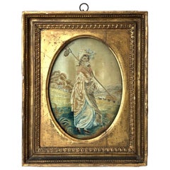 First Quarter of the 19th Century Oval Antique Framed Silk Embroidery