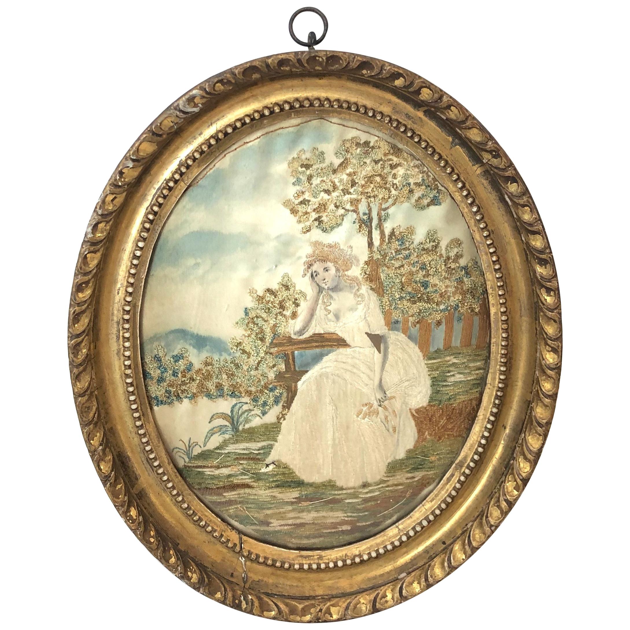 Oval Antique Framed Silk Embroidery of Sitting Woman For Sale