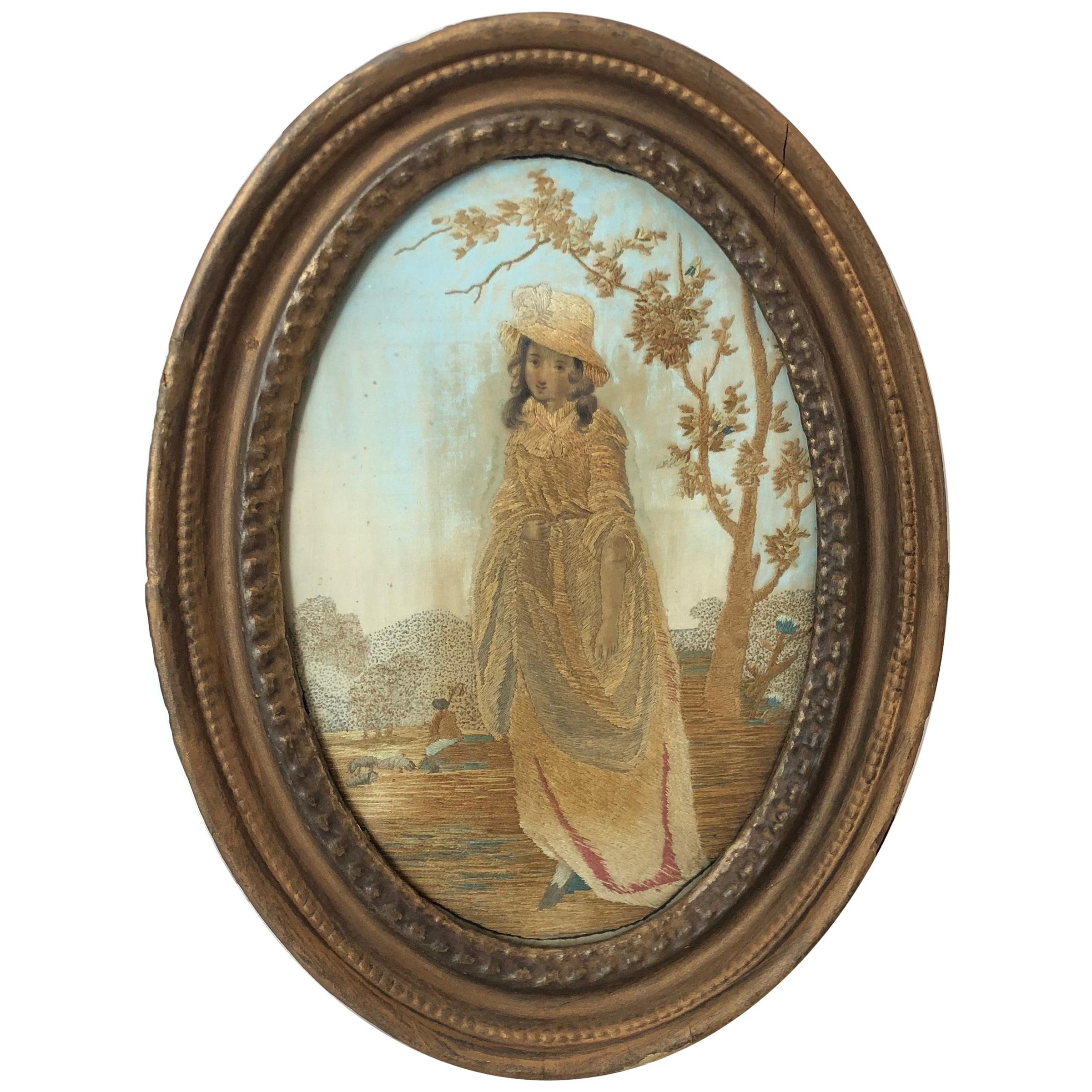  Oval Antique Framed Silk Embroidery of Woman in White Hat, 19th Century For Sale