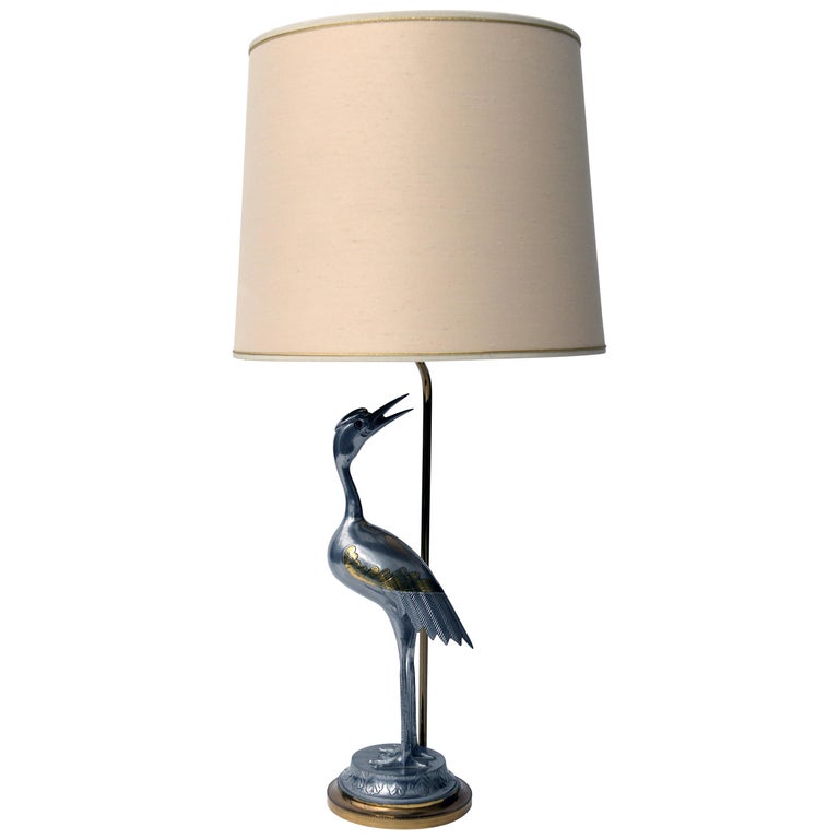 Italian White Heron Bird Table Lamp, Vintage Palm Beach Tropical Leaves
