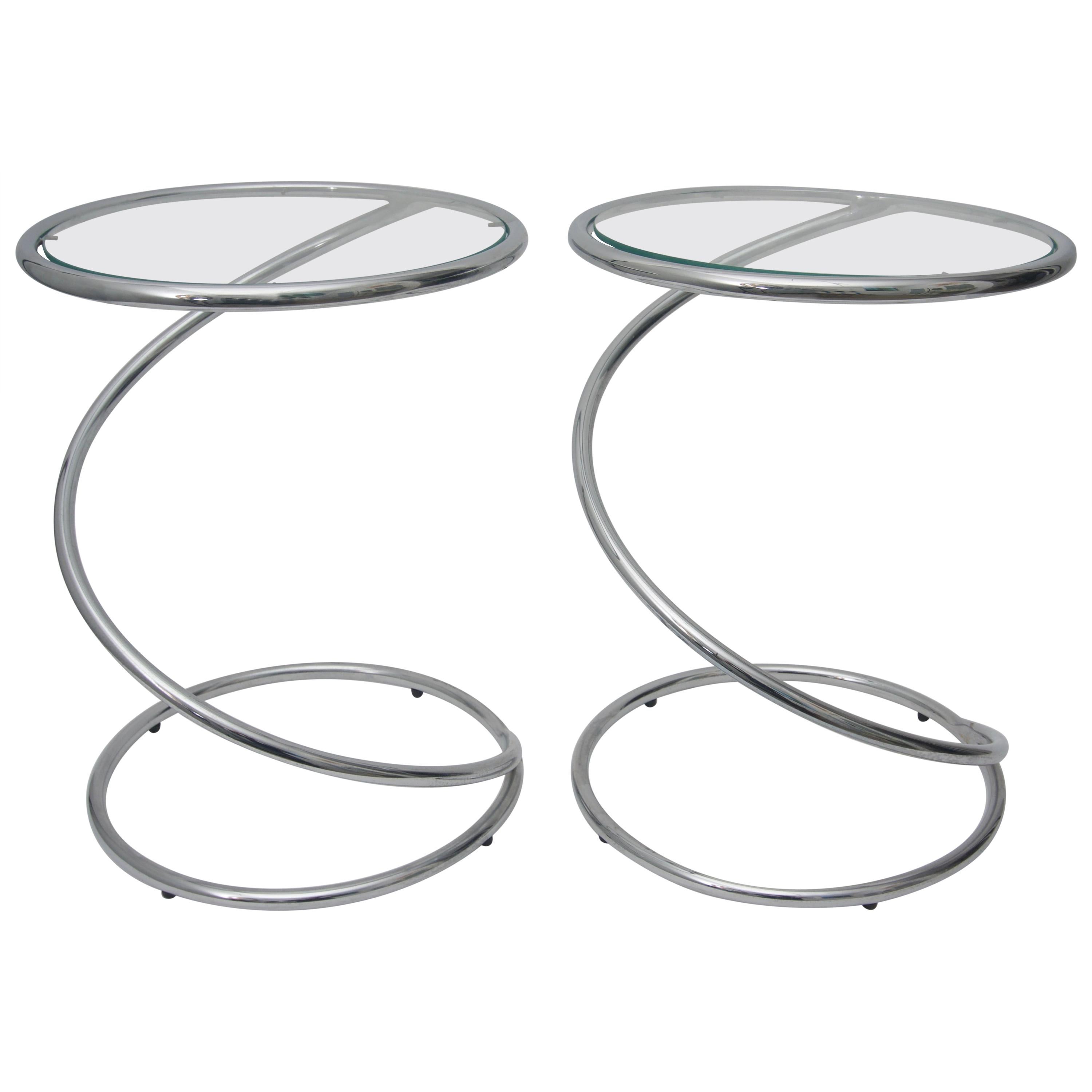 Pair of Round "Spring" Tables in Polished Chrome and Glass