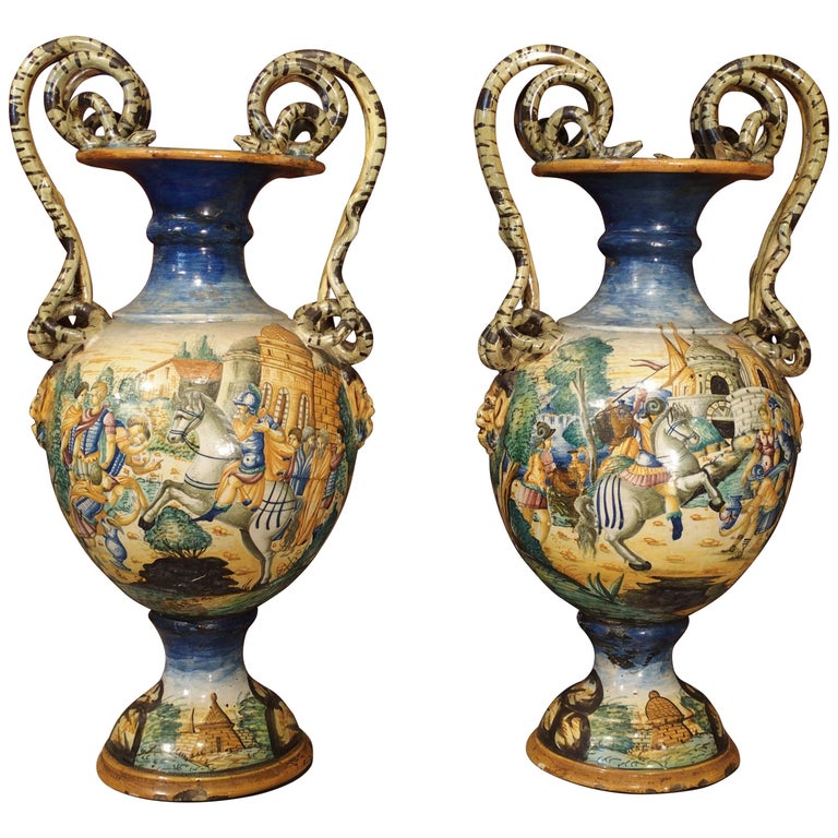 19th Century Antique Italian Renaissance Style Majolica Vases, pair at