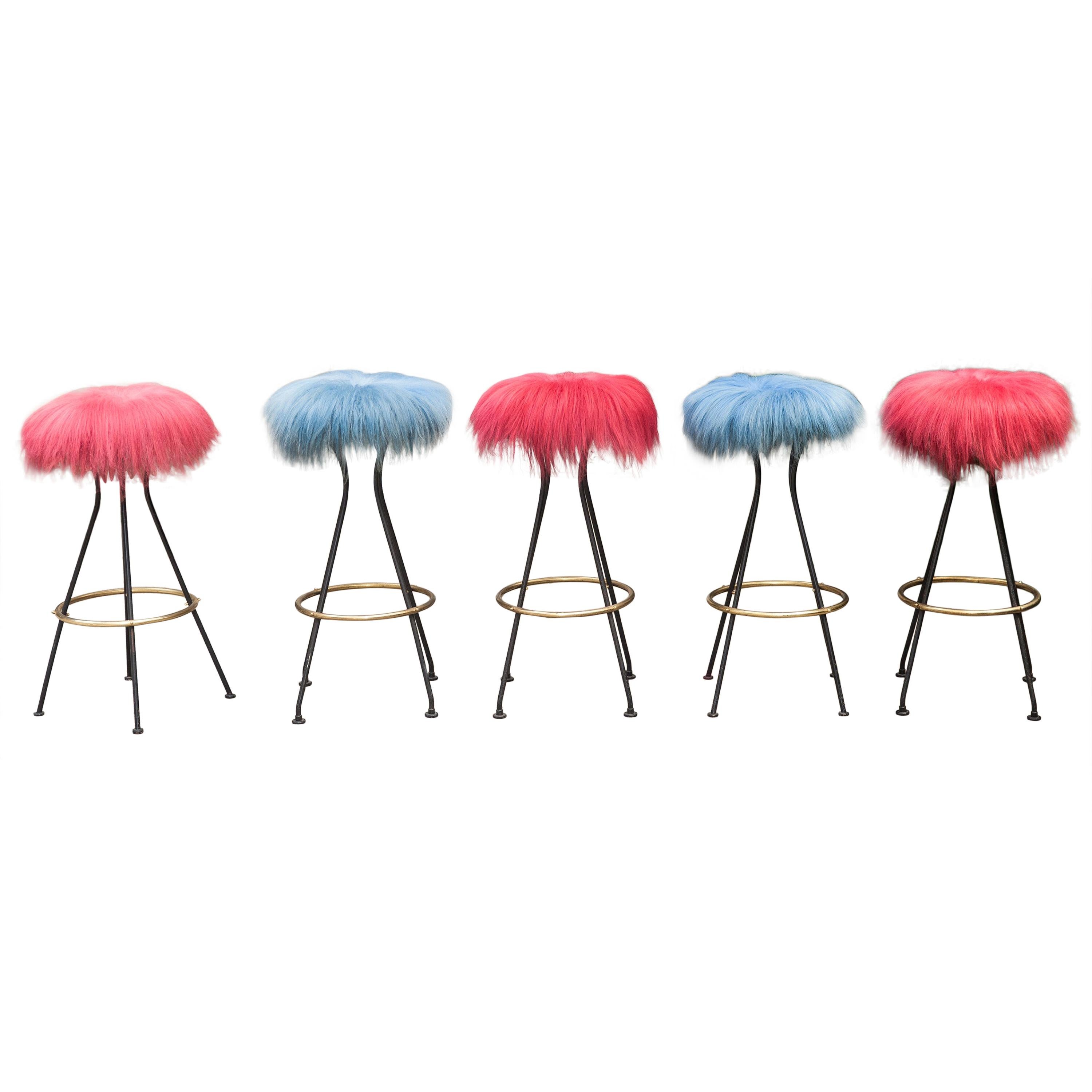 Five Colored Lambskin Bar Stools, Germany, 1950s