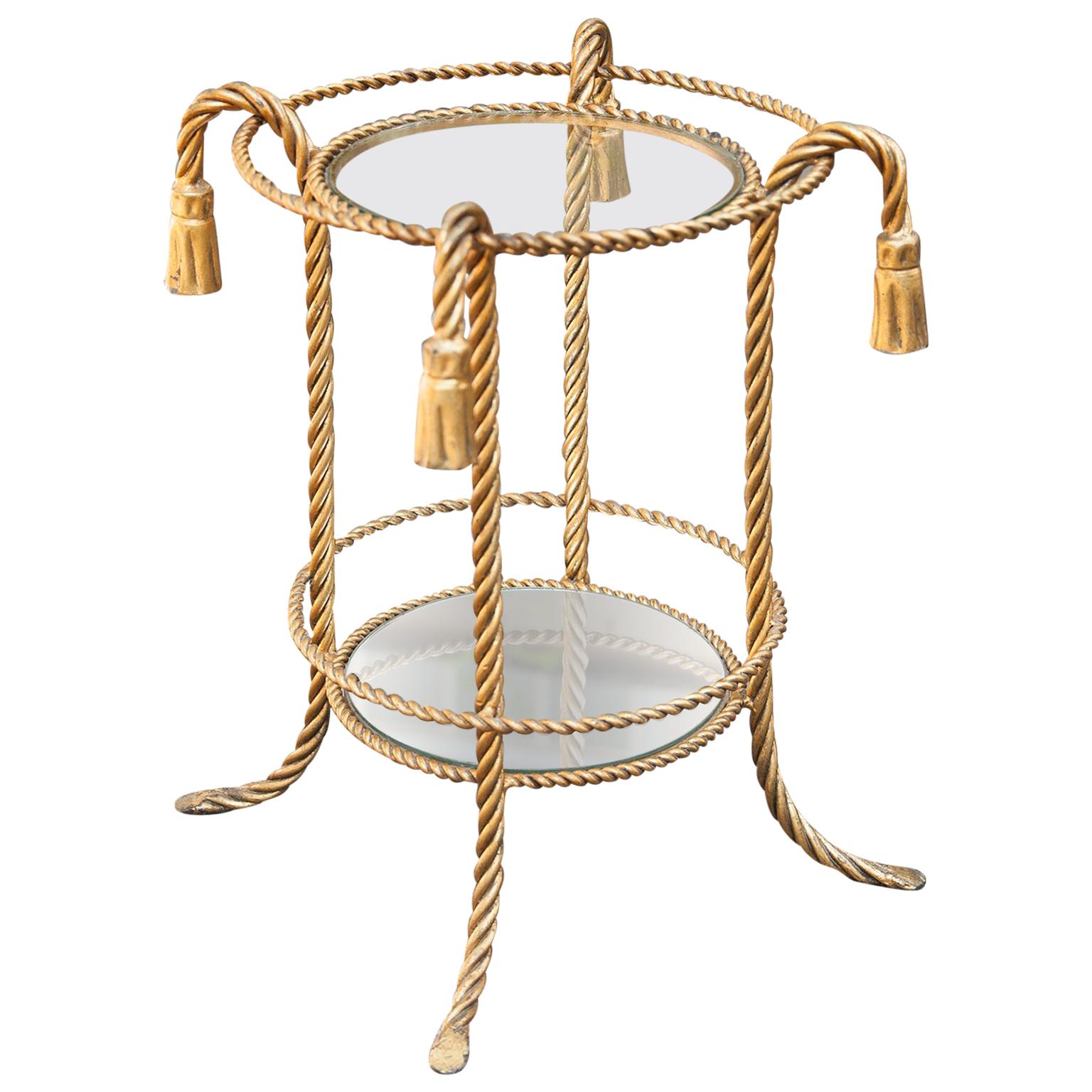 Hollywood Regency Gilt Metal Rope Tassel Side Table, Italy, 1960s