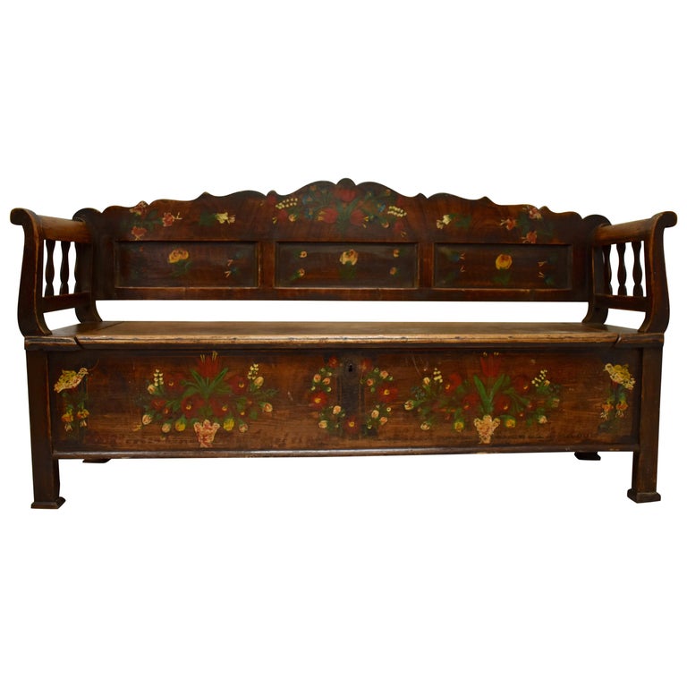 Pine And Oak Box Bench In Original Decorative Paint At 1stdibs Pine And Oak Box Bench In Original Decorative Paint For