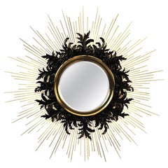Contemporary Gold Sunburst Mirror with Brass and Lacquered Carved Wood