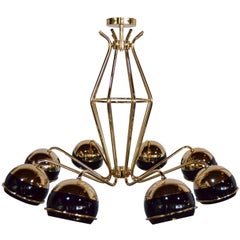 Contemporary Brass Chandelier in Gold Plated Brass and Black Glass Shades