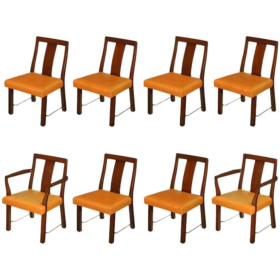 Eight Edward Wormley Mahogany, Leather and Brass Dining Chairs