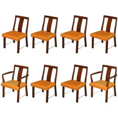 Eight Edward Wormley Mahogany, Leather and Brass Dining Chairs