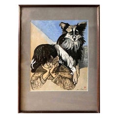 Vintage Junichiro Sekino Signed Japanese Woodblock Print Boy and His Dog