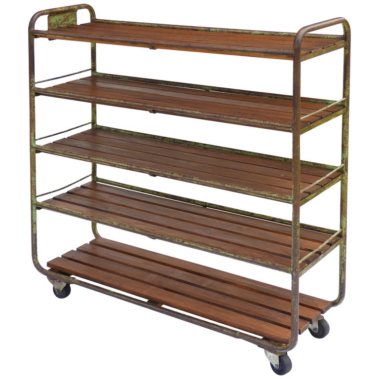 Rolling Shoe Cart, Rustic Wood and Steel Storage Rack at 1stdibs