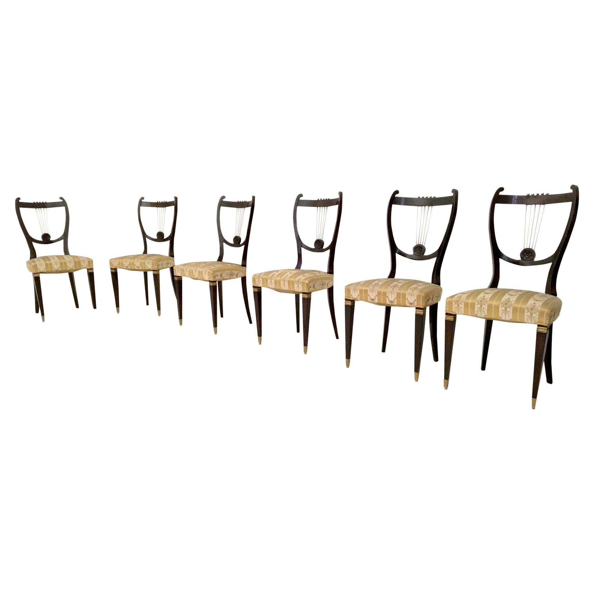 Set of Six Vintage Beech and Brass Dining Chairs with Goldenrod Fabric, Italy