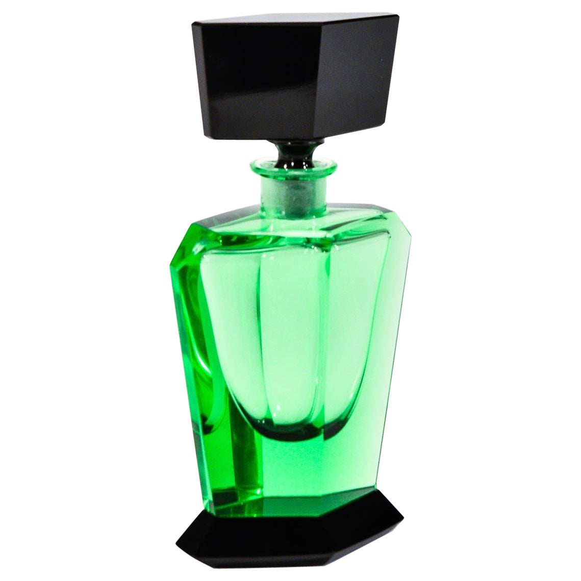 Art Deco Hand Blown Crystal Perfume Bottle Apple Green & Polished Black Stopper