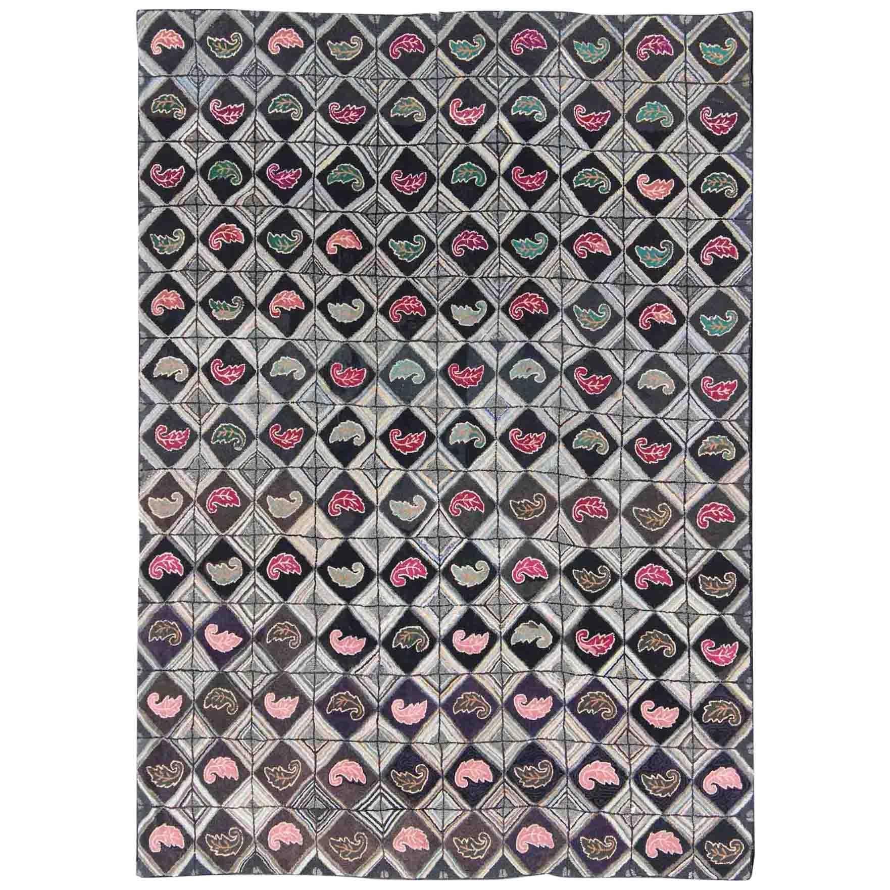 Antique American Hooked Rug with Diamond Patchwork Geometric Leaf Design For Sale