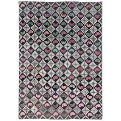 Antique American Hooked Rug with Diamond Patchwork Geometric Leaf Design