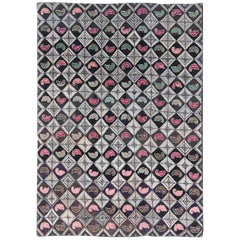 Tapis crocheté américain ancien avec motif de feuilles géométriques en patchwork de diamants