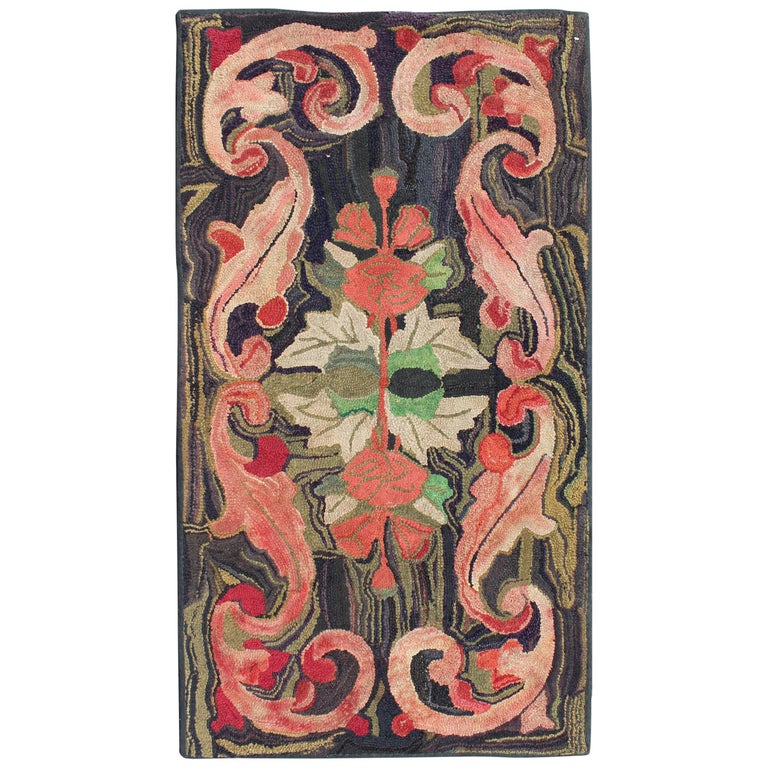 Charcoal, Red, and Green Antique American Hooked Rug with Large Flower ...