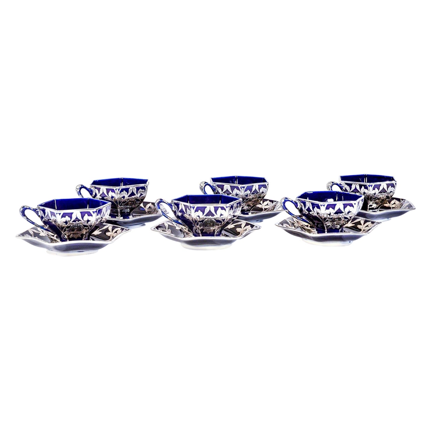 Set of 6 Lenox Art Nouveau Silver Overlay Cup & Saucers For Sale