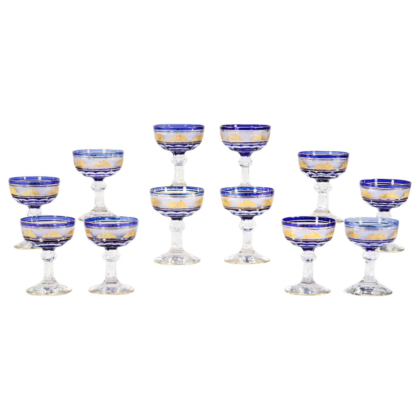 Set 12 Val Saint Lambert Cobalt Cut to Clear Gilt Goblets Champagne or Martinis