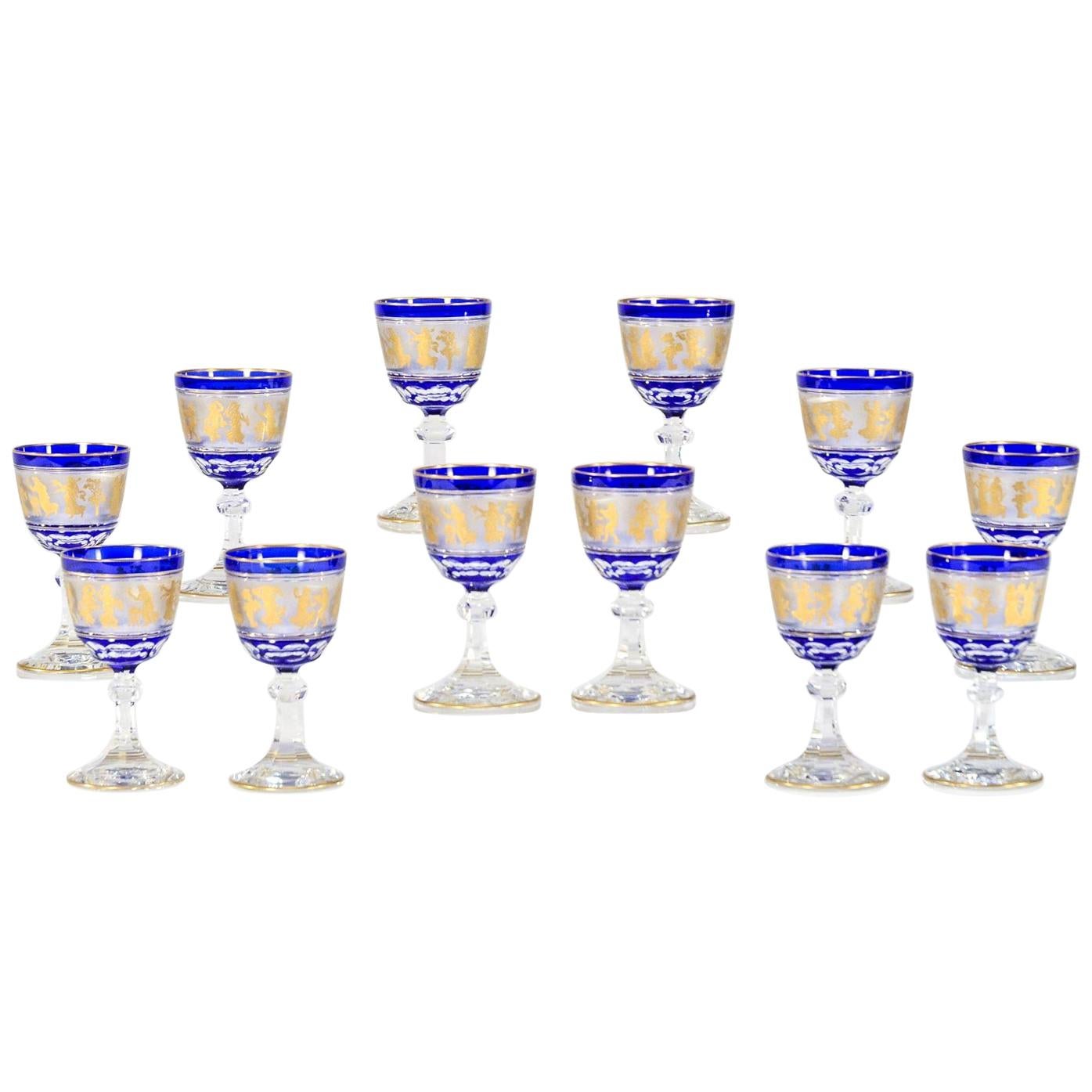 Set of 12 Val Saint Lambert Cobalt Overlay Cut to Clear Gilded Wine Goblets