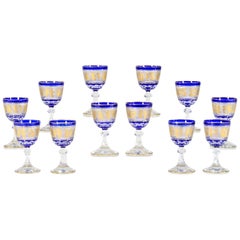 Vintage Set of 12 Val Saint Lambert Cobalt Overlay Cut to Clear Gilded Wine Goblets