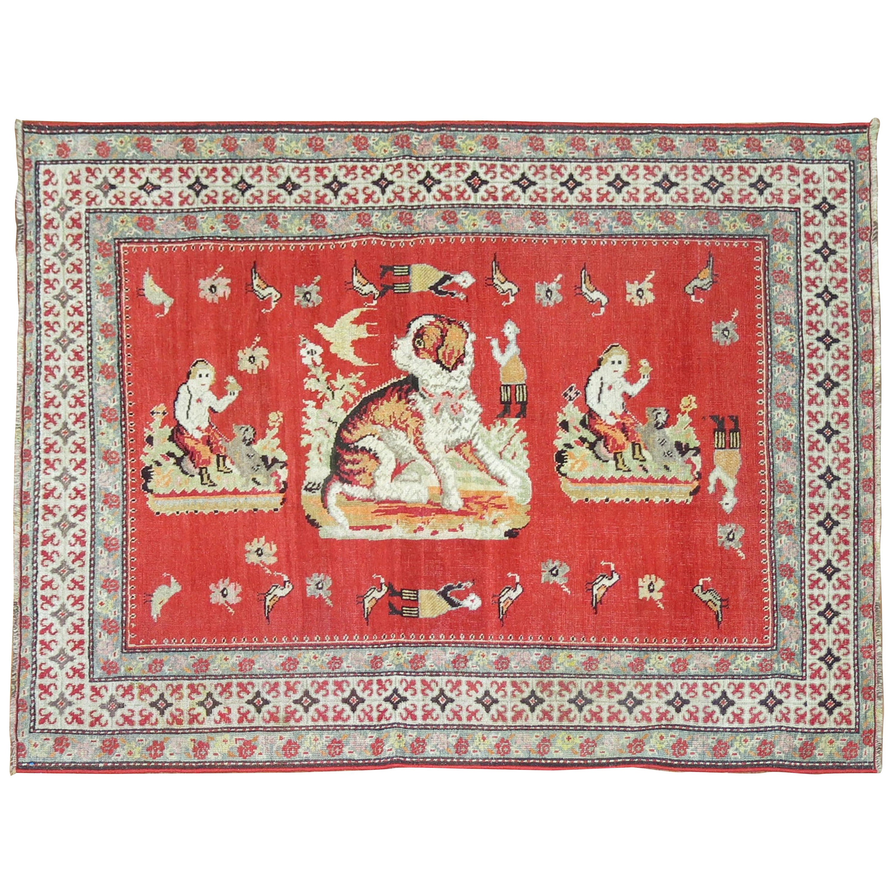Zabihi Collection Pictorial Dog Animal Antique Karabagh Rug