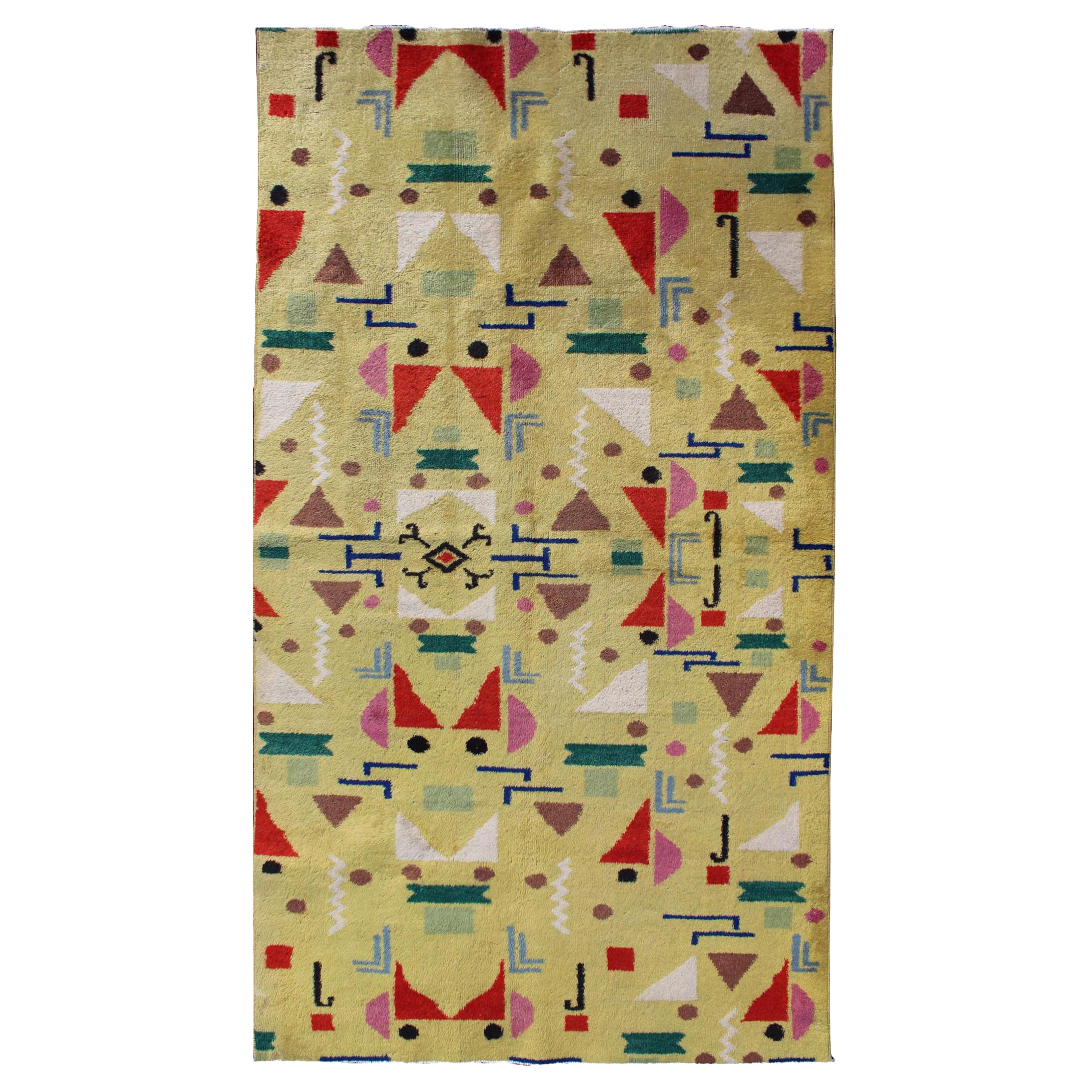 Mid-Century Modern Vintage Turkish Rug in Yellow Background and Multi-Colors