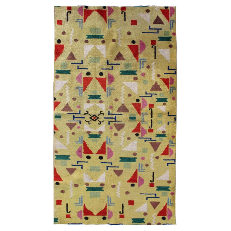 Mid-Century Modern Vintage Turkish Rug in Yellow Background and Multi ...