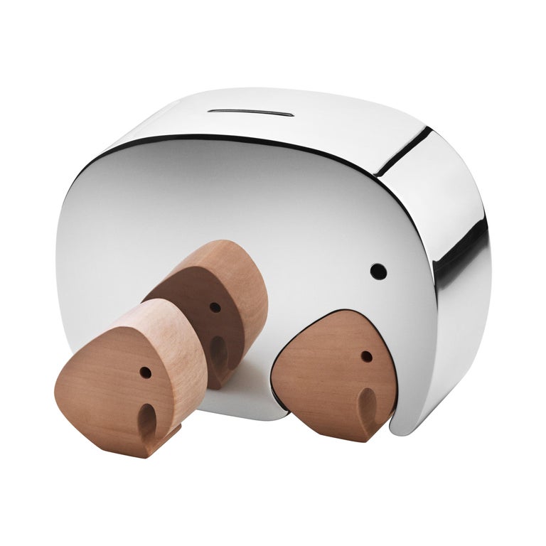 Georg Jensen Moneyphant in Stainless Steel and Oak Wood by Alfredo Haberli For Sale
