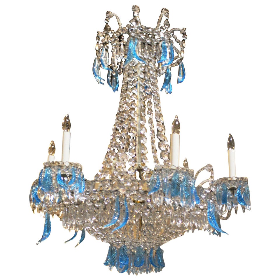 French Directoire Style Iron and Crystal Chandelier with Blue Crystal Feathers For Sale