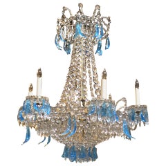 Vintage French Directoire Style Iron and Crystal Chandelier with Blue Crystal Feathers